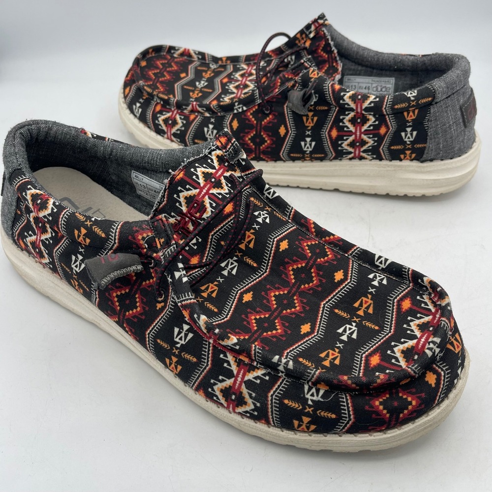 Hey Dude Wally Thunderbird Mens Size 13 Black Red Southwestern Geometric Loafers